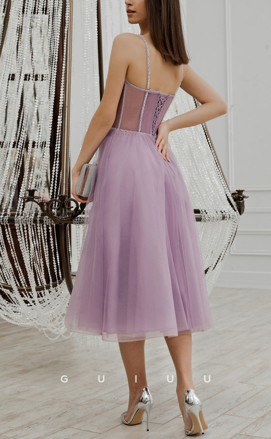 GH582 - Sexy Spaghetti Straps Sweetheart Sheer Ballgown Tulle Beaded Homecoming Dress