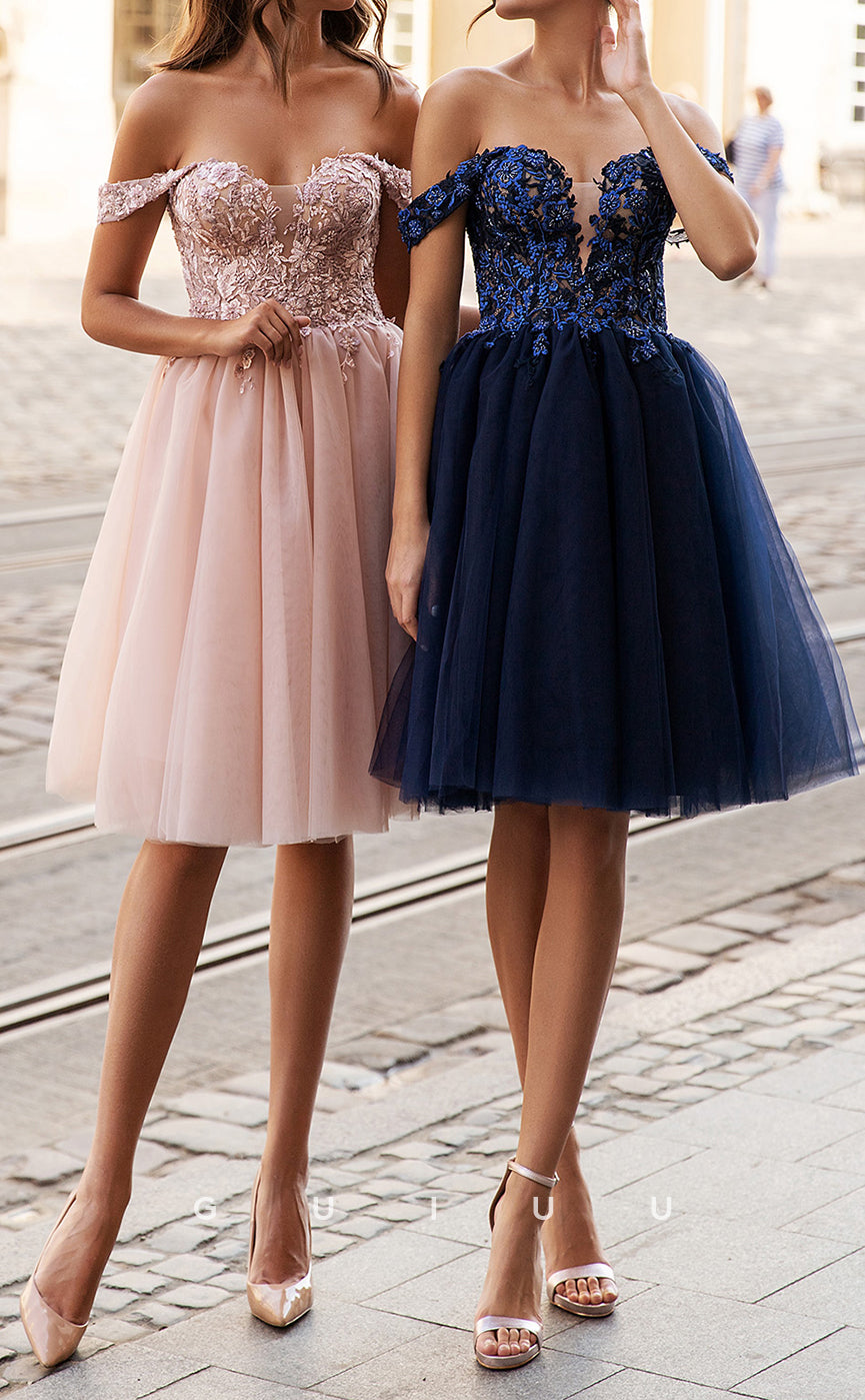 GH595 - Classic & Timeless Off-Shoulder Tulle Appliques Sheer Gown Homecoming Dress