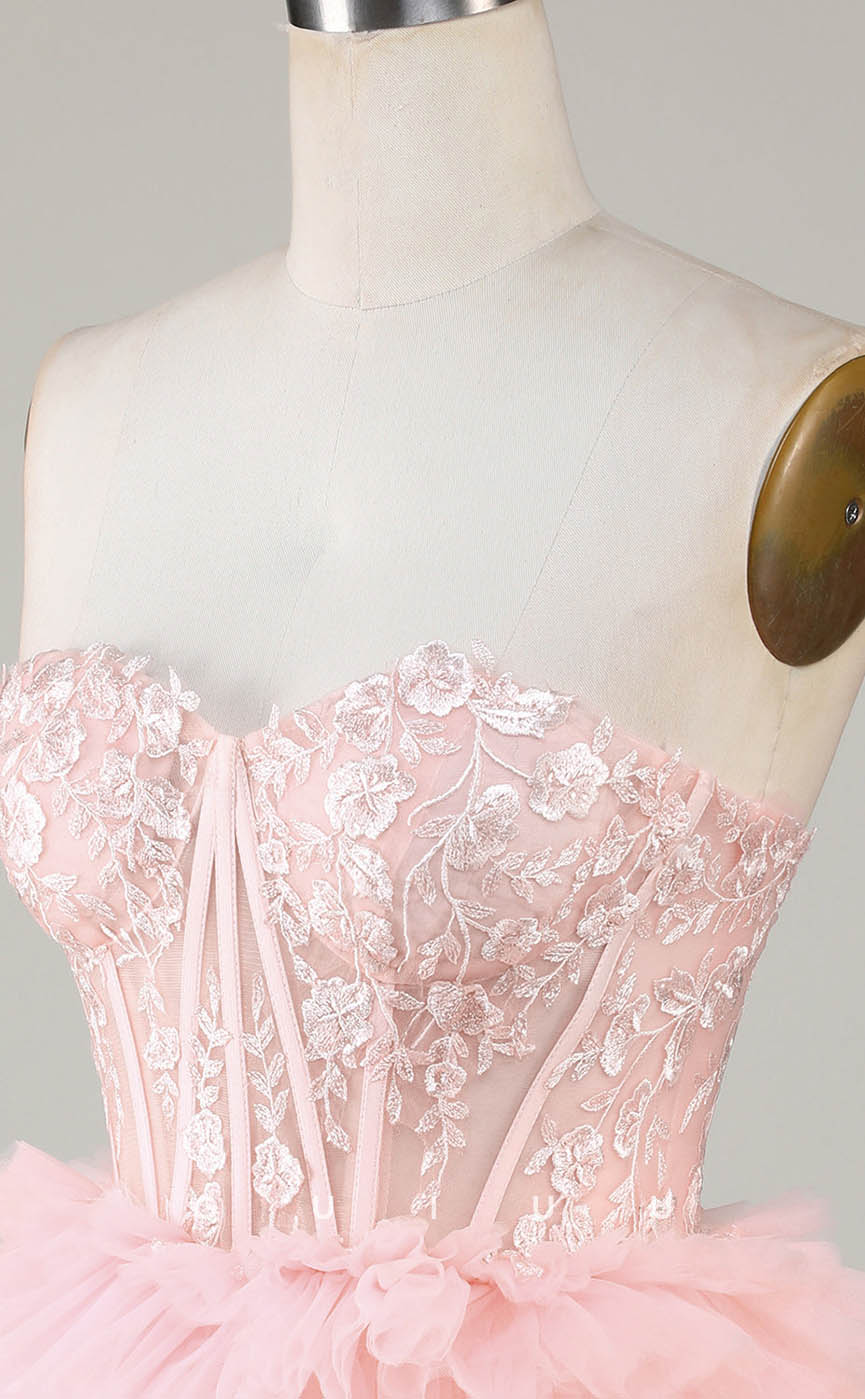 GH605 - Sexy & Hot Strapless Ball Gown Sheer Appliques Tiered Open Back Homecoming Dress