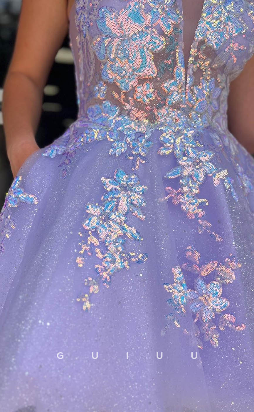 GH608 - Sexy Hot Tulle Spaghetti Straps Ball Gown Deep V-Neck Appliques Homecoming Dress