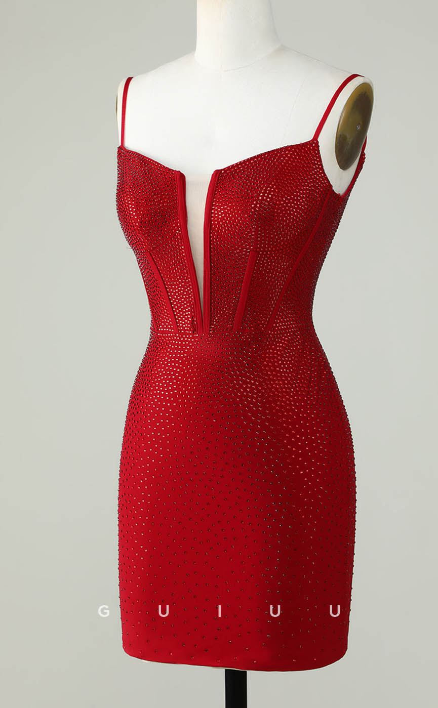 GH609 - Sexy/Hot Deep V-Neck Spaghetti Straps Open-Back Gown Rhinestone Homecoming Dress