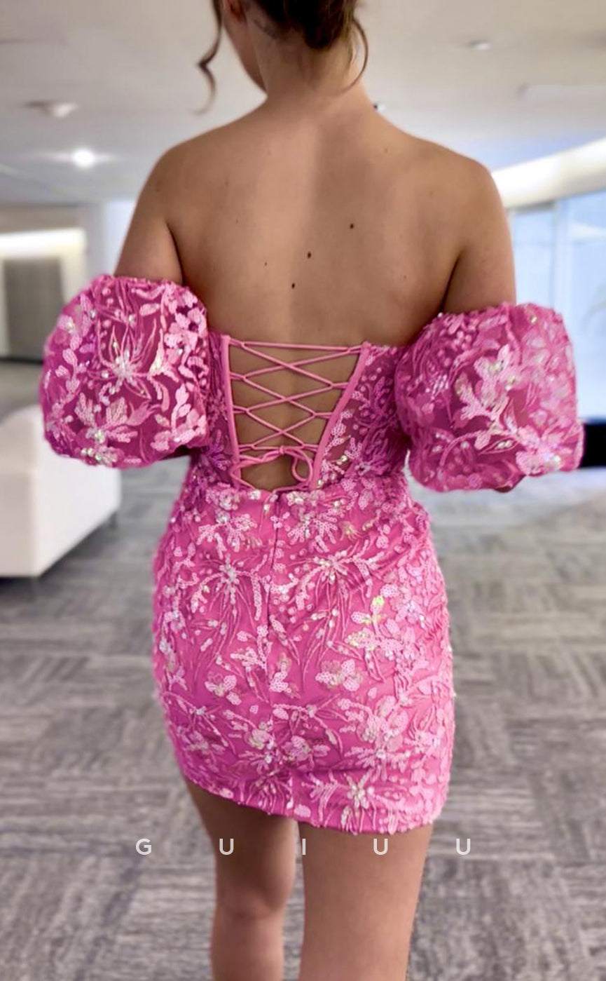 GH641 - Sexy Sequins Sheer Off-Shoulder Homecoming Dress With Open Back