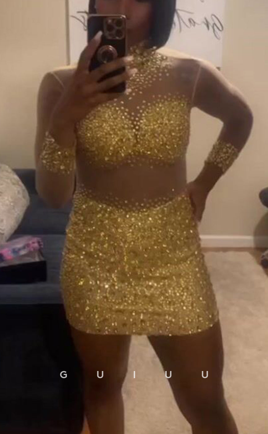 GH692 - Sexy Sheath High Neck Beaded Illusion Short Homecoming Dress For Black Women