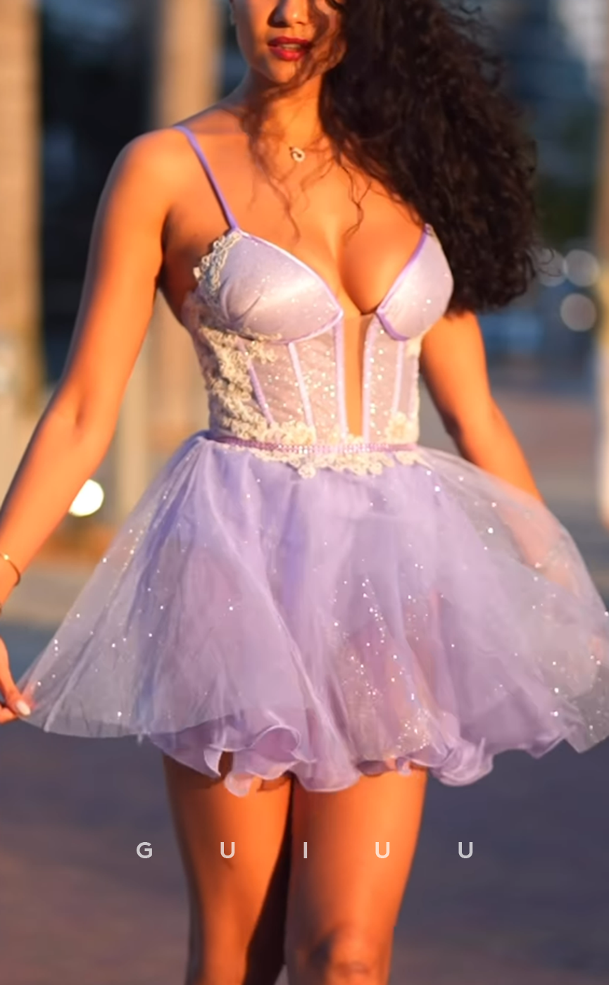 GH720 - Sexy Straps Ball Gown Applique Shimmer Tulle Homecoming Dress