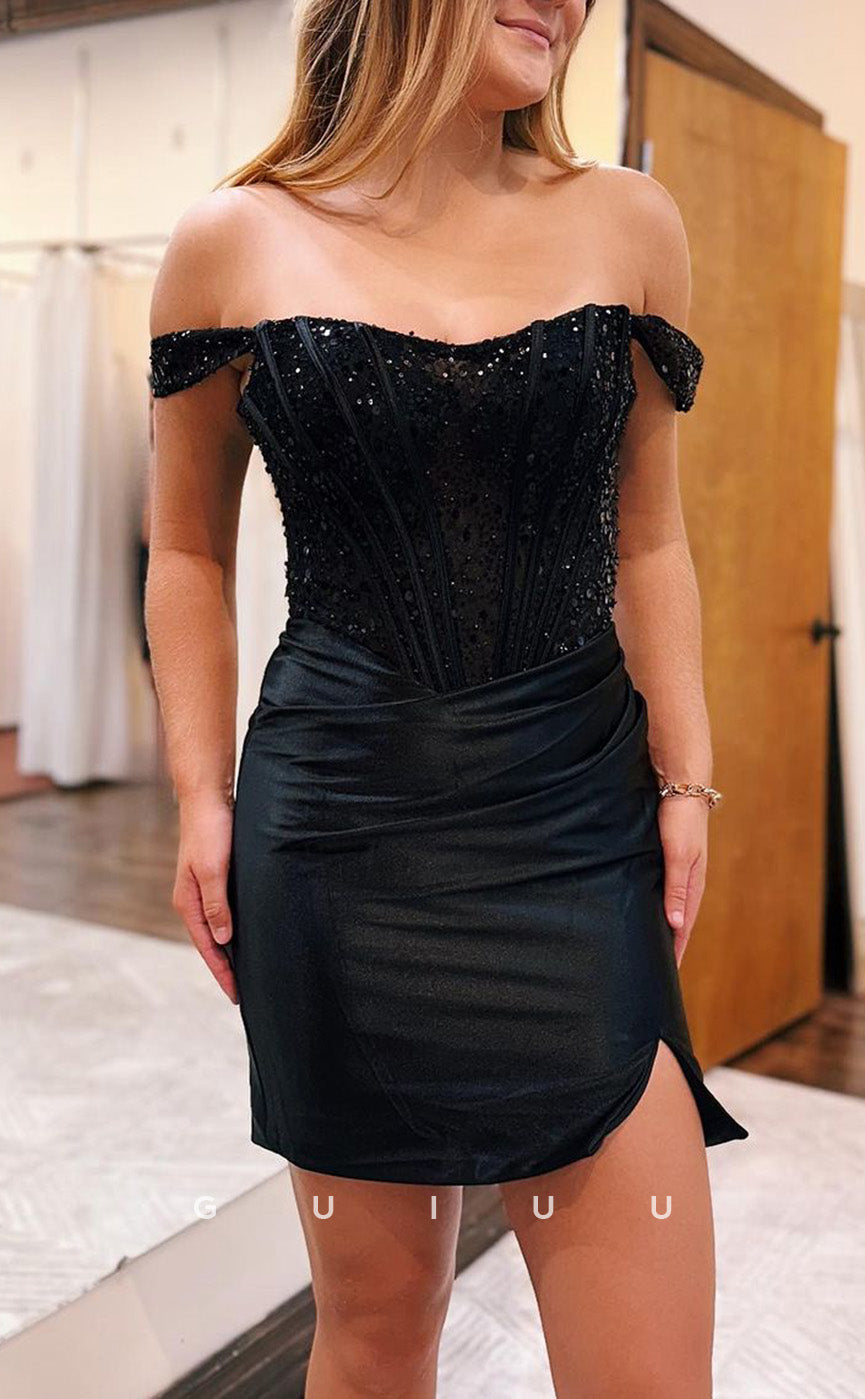 GH724 - Sexy Sheath Off-Shoulder Sequins Ruched Short Homecoming Dress