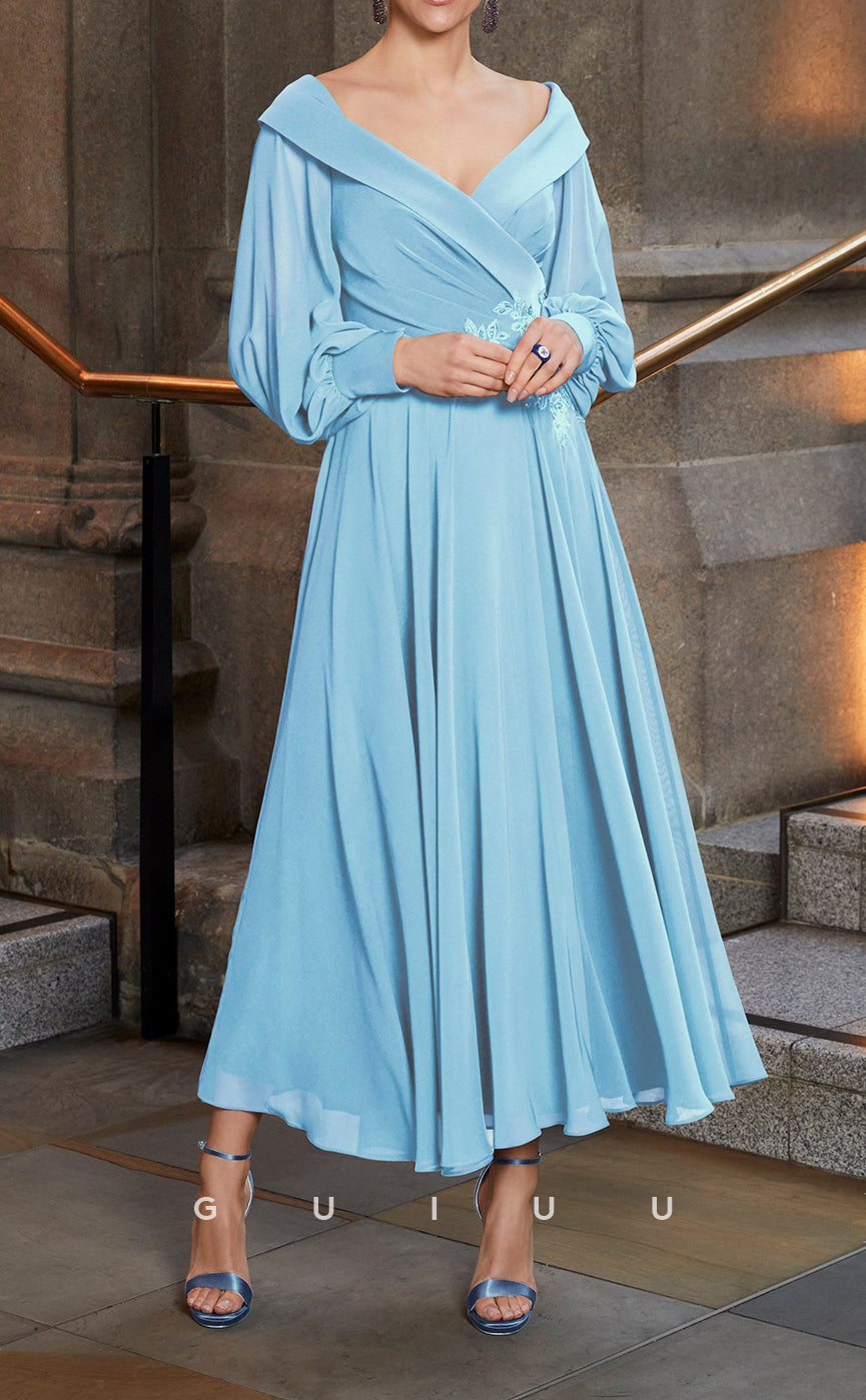 GM707 - Elegant & Classic A-Line V-Neck Long Bell Sleeves Ankle-Length Draped Mother of the Bride Dress