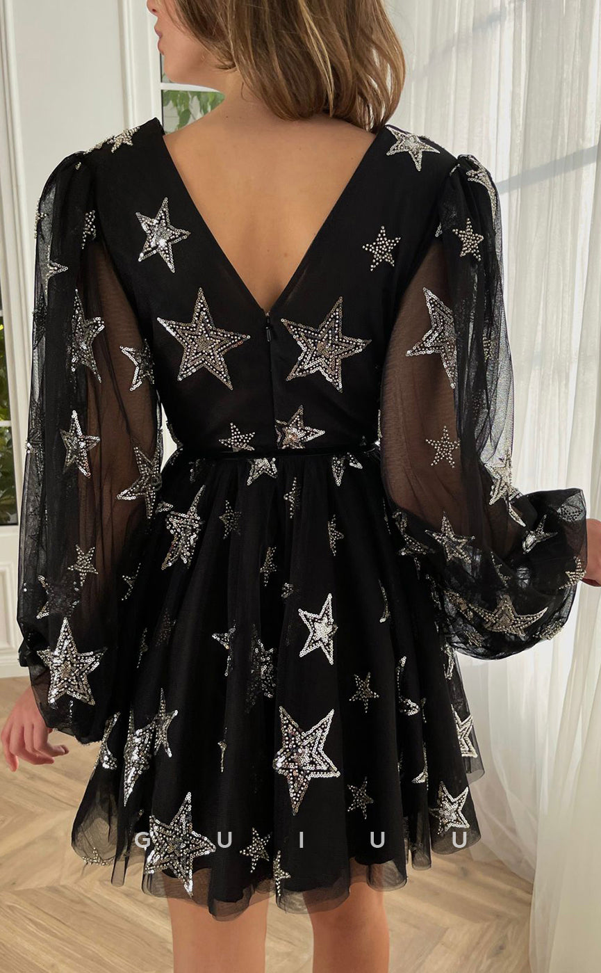 GH410 - A Line V Neck Long Sleeves Vintage Homecoming Dress with Pockets