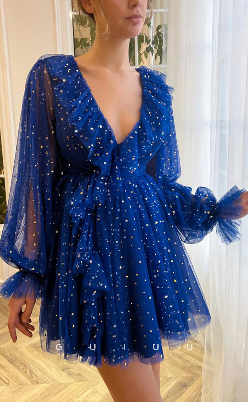 GH406 - A Line V Neck Ruffles Long Sleeves Vitage Homecoming Dress