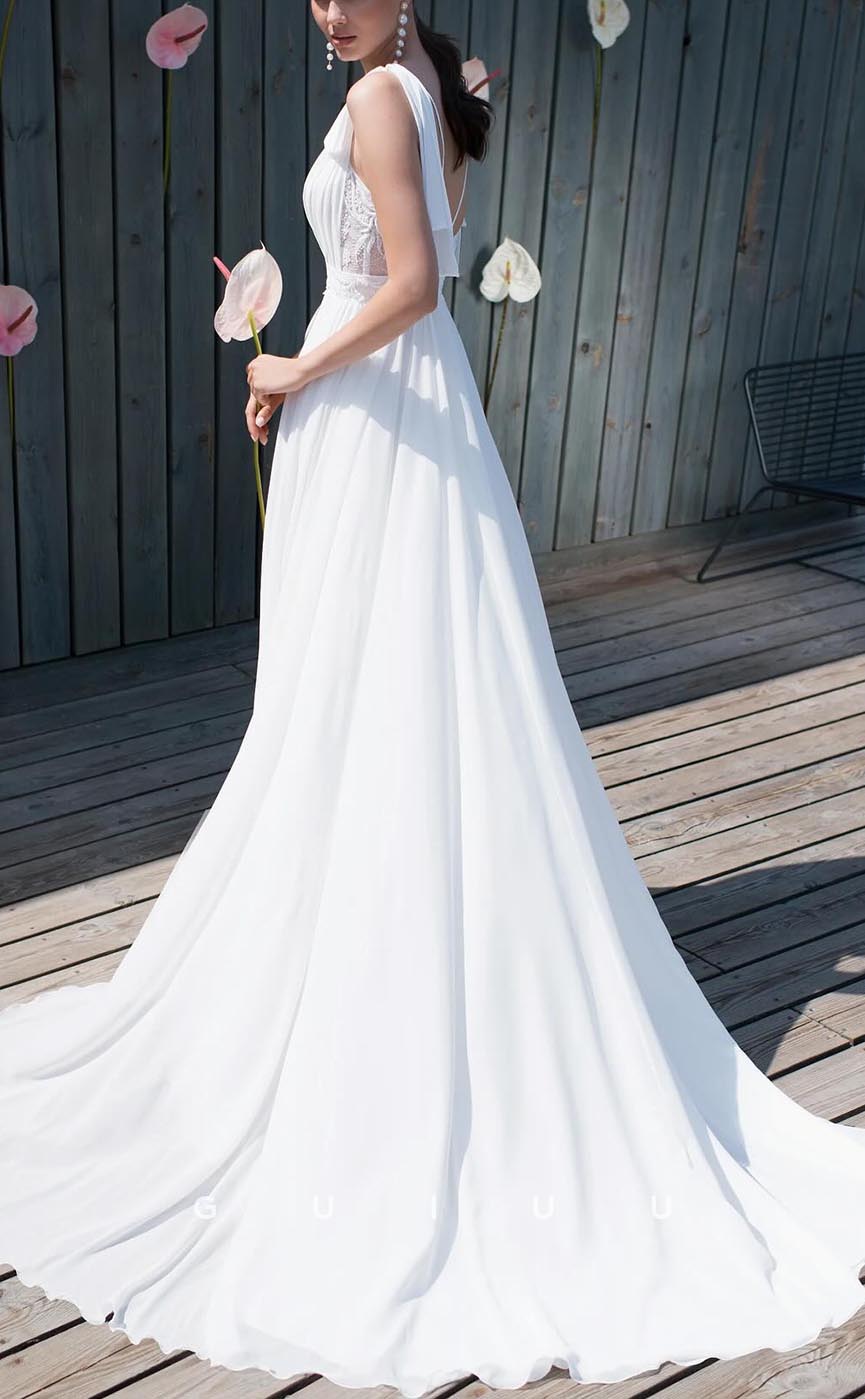 GW618 - Classic & Timeless A-Line V-Neck Straps Lace Tulle Boho Wedding Dress with Bowknots