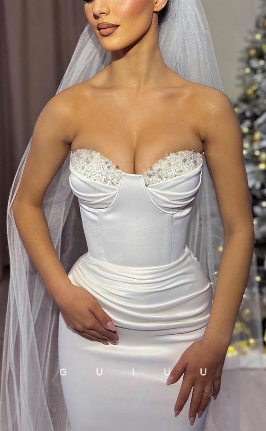 GW698 - Sexy & Hot Sheath Sweetheart Draped and Beaded Floor-Length Boho Wedding Dress