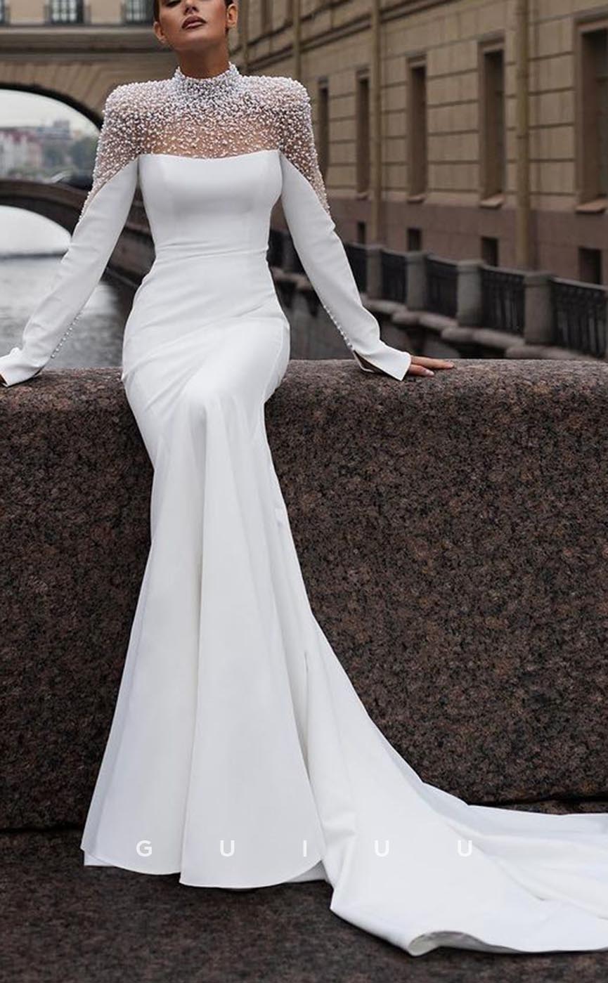 long sleeve high neck wedding dress uk GW731