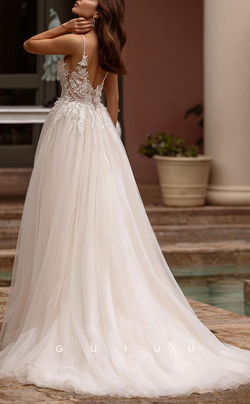GW752 - Chic & Modern A-Line V-Neck Straps Floral Embroidered and Appliqued Wedding Dress