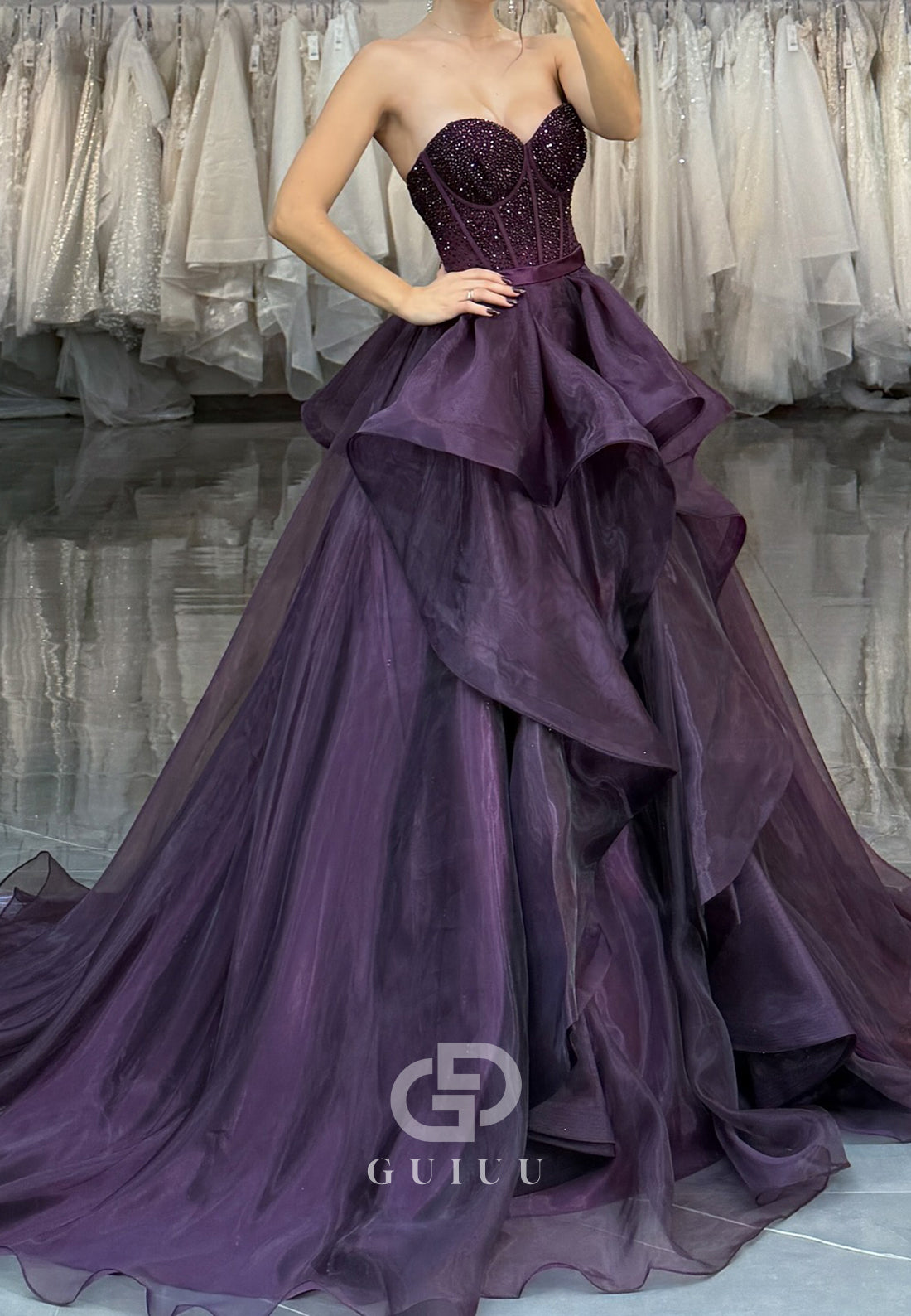 Grape A-Line Sleeveless Sweetheart Ruffles Evening Dress
