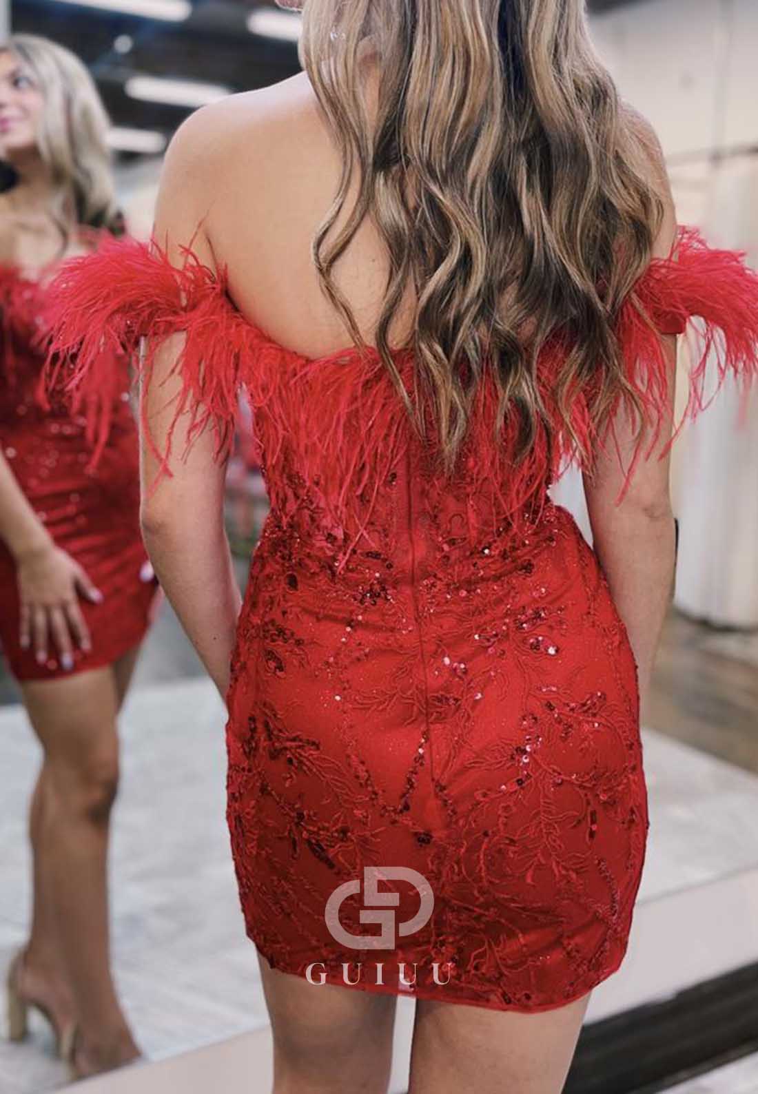 Red Sweetheart Sleeveless Feathers Homecoming Dress