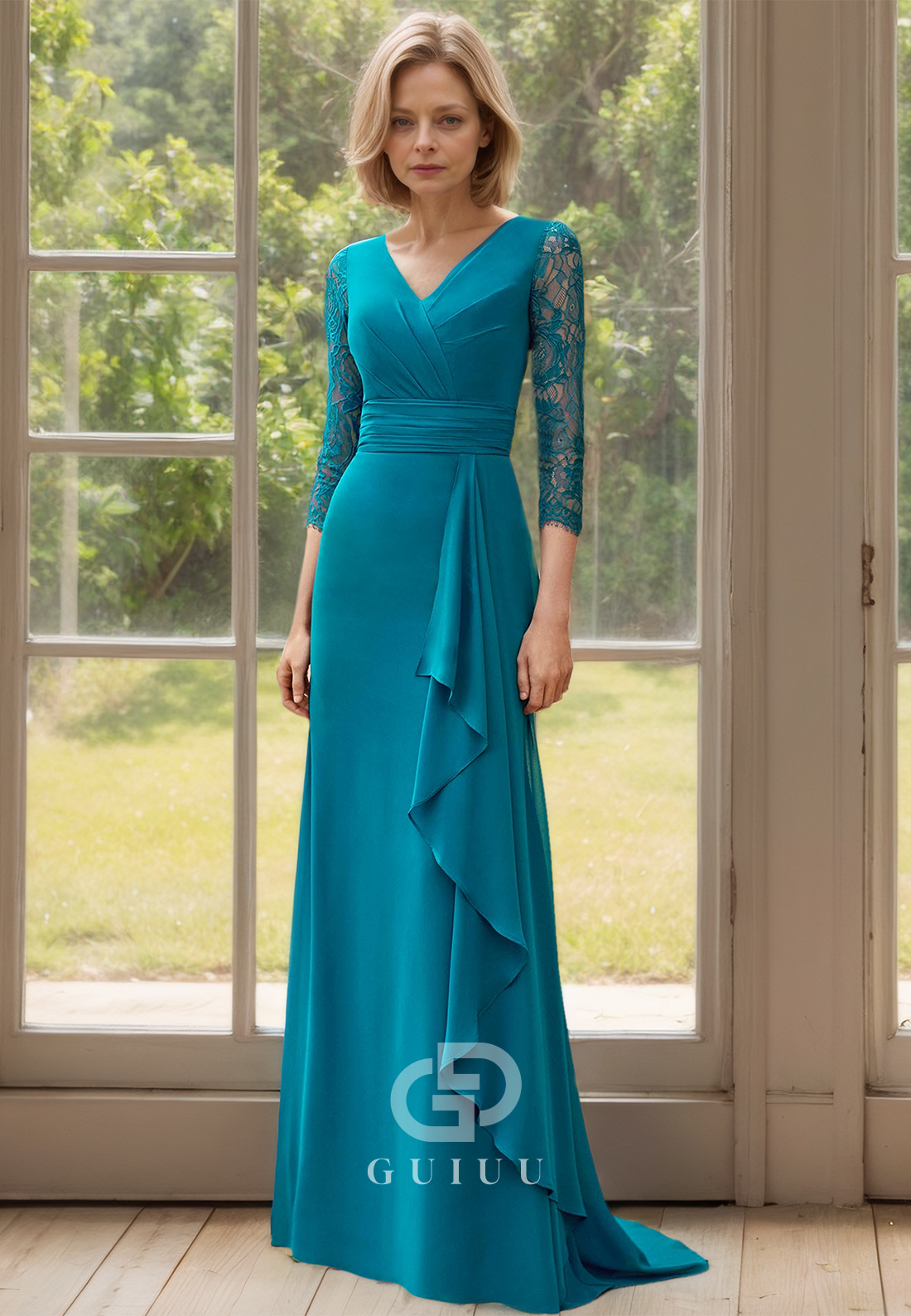 A-Line V-Neck 3/4 Sleeves Empire-Waist Floor-Length Mother of the Bride Dress