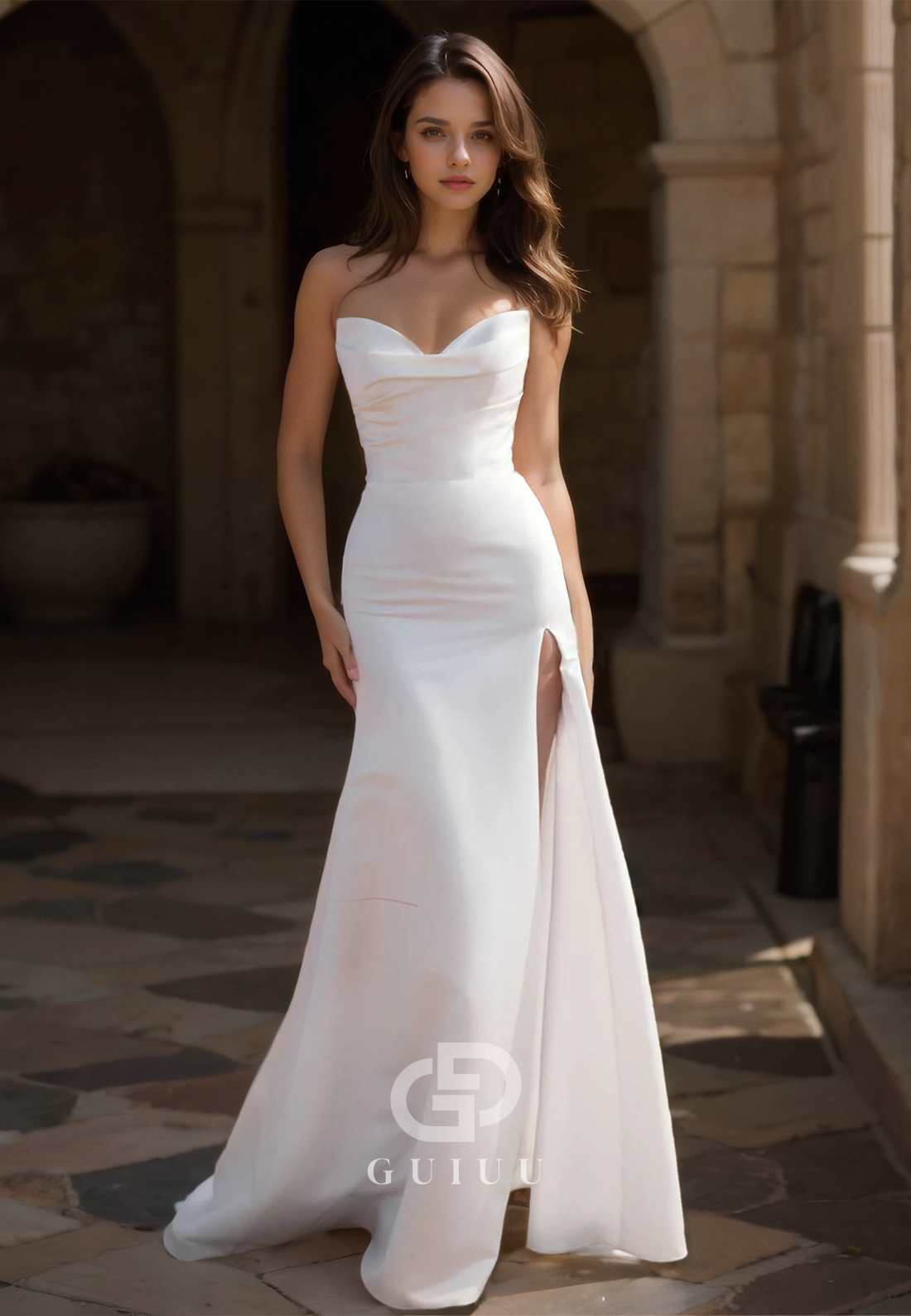 A-Line Cap Sleeves Sweetheart Side Slit Empire-Waist Ruched Satin Wedding Dress