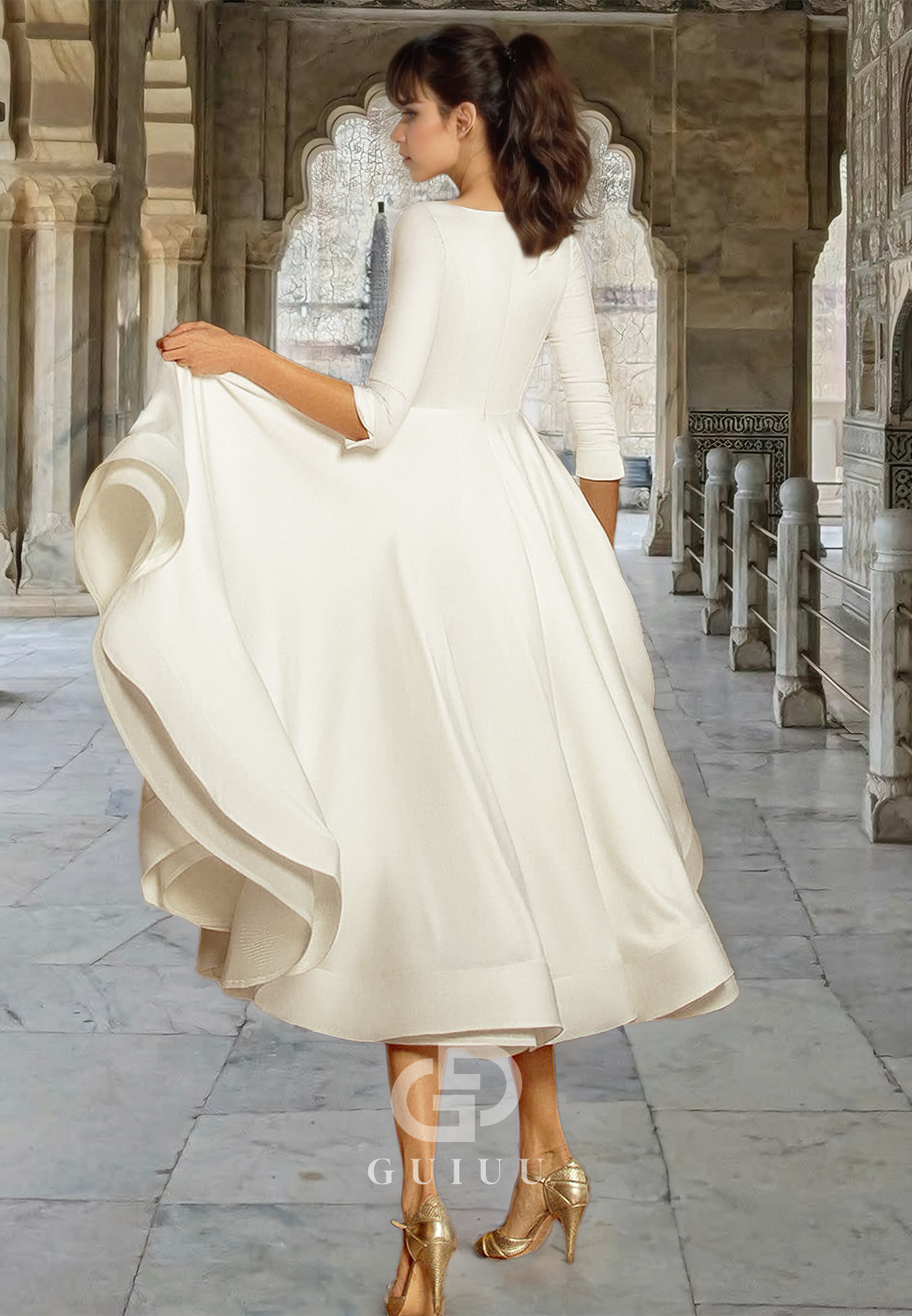 Charming A-Line 3/4 Sleeves V-Neck Ankle-Length Ruched Satin Wedding Dress