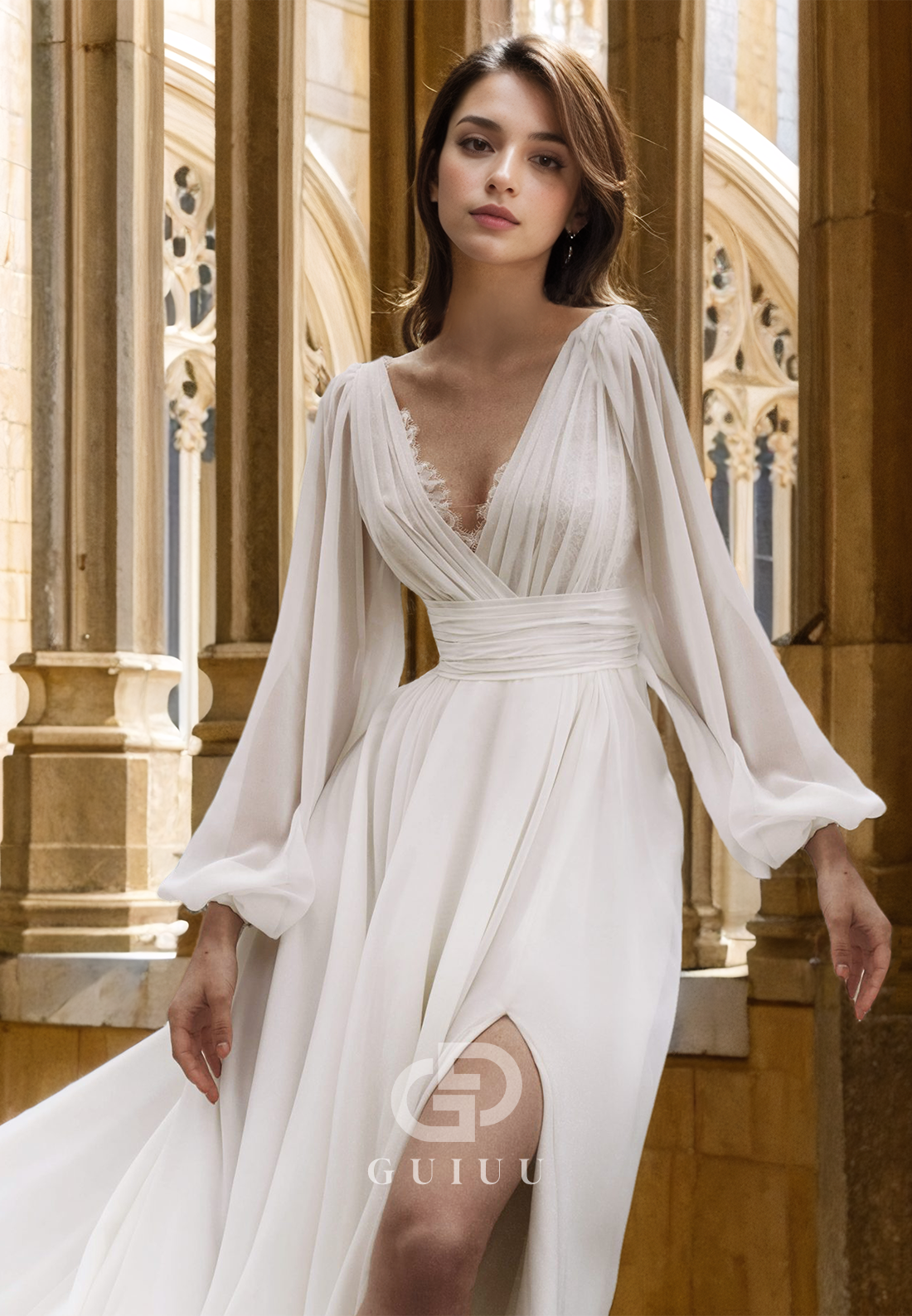 Classic A-Line Long Sleeves V-Neck Slit Court Train Corset Satin Wedding Dress