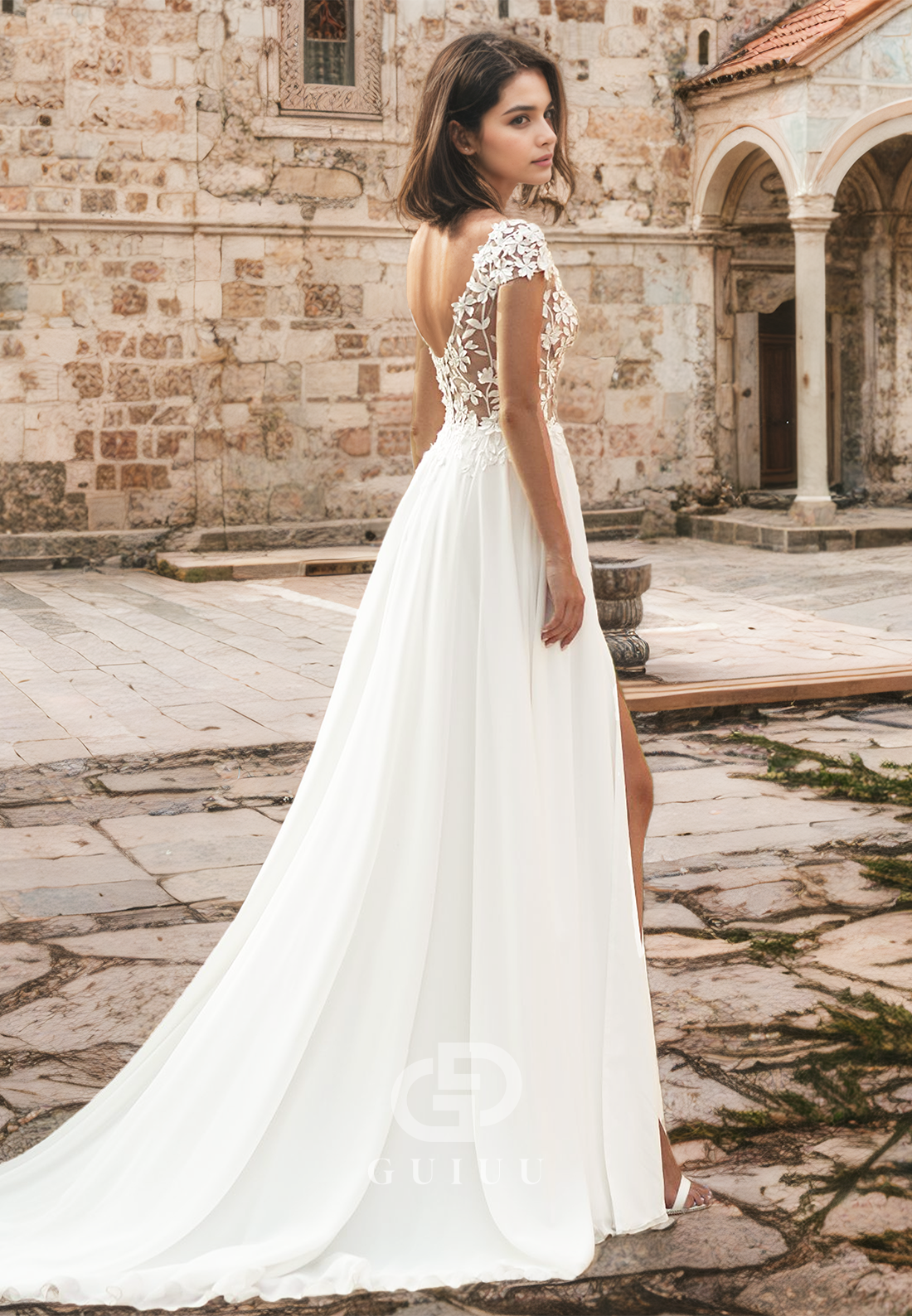 Gorgeous Short Sleeves V-Neck Corset Tulle Side Slit Backless Romantic Wedding Dress