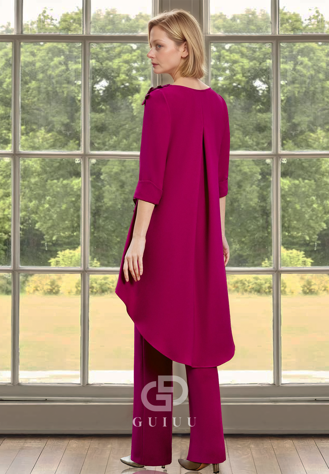 Jumpsuit Half Sleeves Scoop Floral Appliques Satin Mother of the Bride Dress