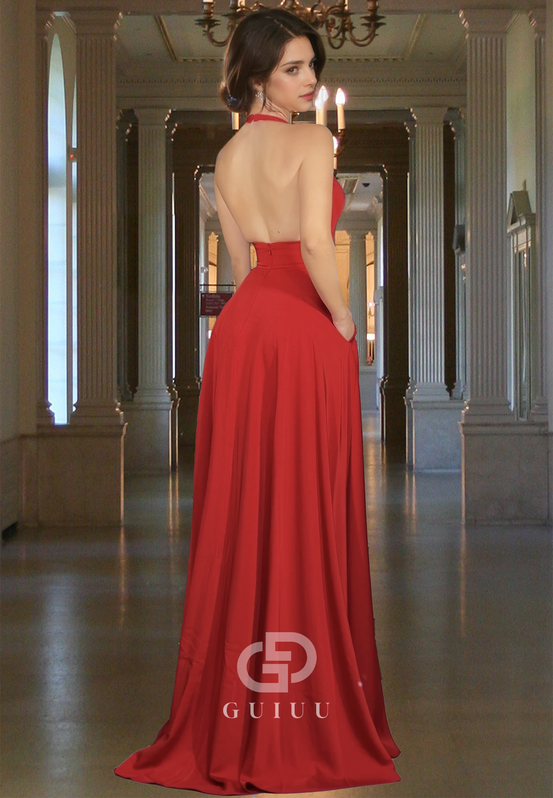 Red Halter Sleeveless Prom Dress with Slit Empire-Waist Backless Evening Party Dress