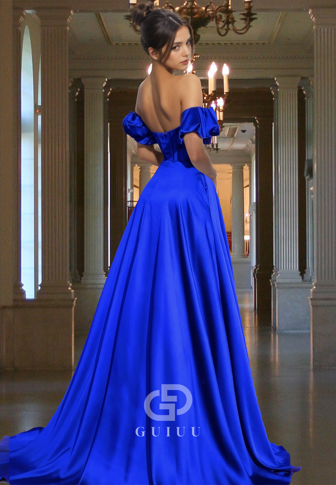 Royal Blue A-Line Short Sleeves Off-Shoulder with Slit Corset Evening Party Dress