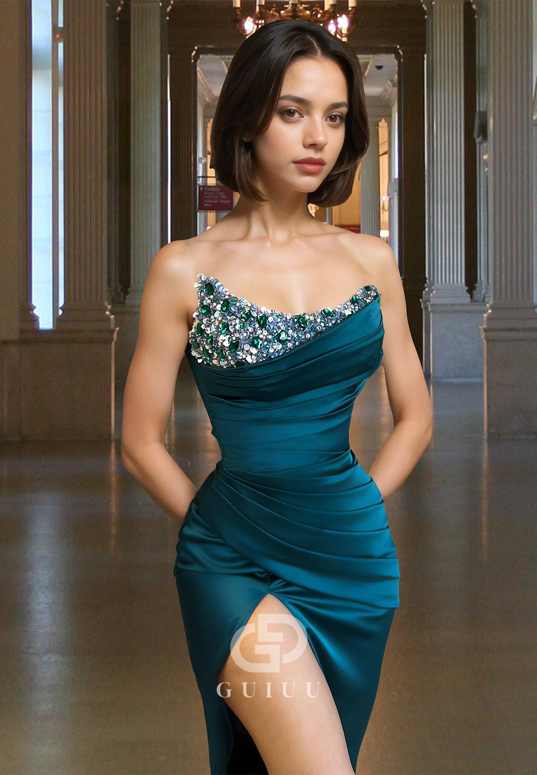 Peacock Strapless Sleeveless Prom Dress with Slit Ruched Sequins Evening Party Dress