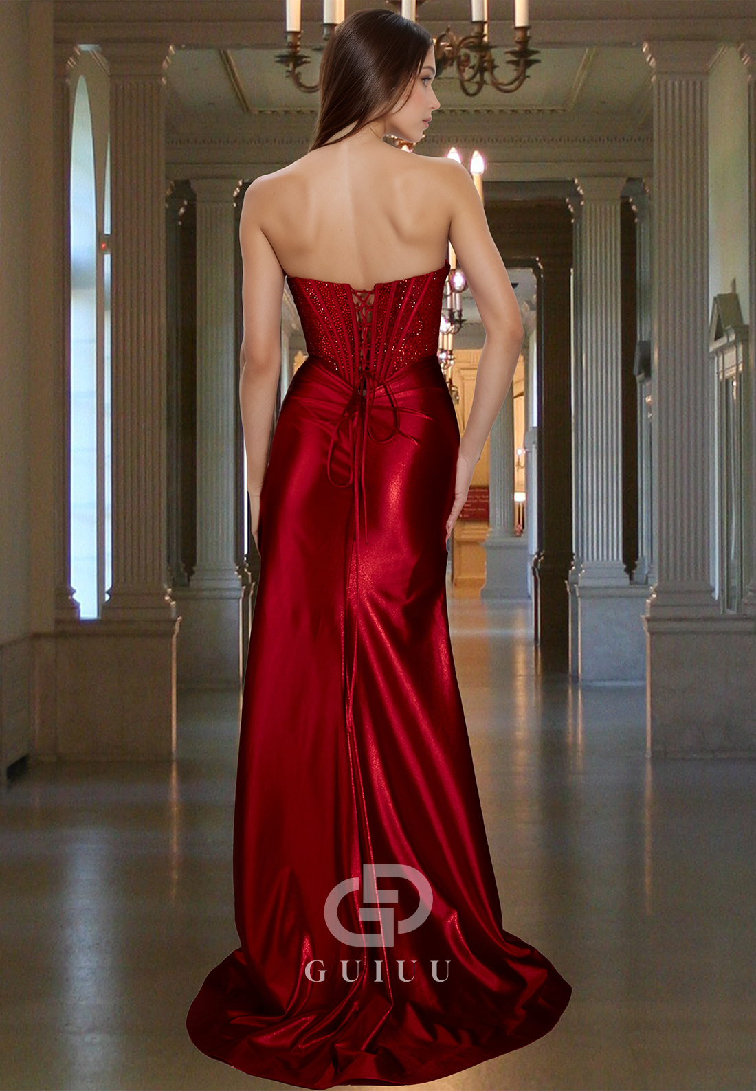 Burgundy Strapless Sleeveless Prom Dress with Slit Ruched Sequins Evening Party Dress