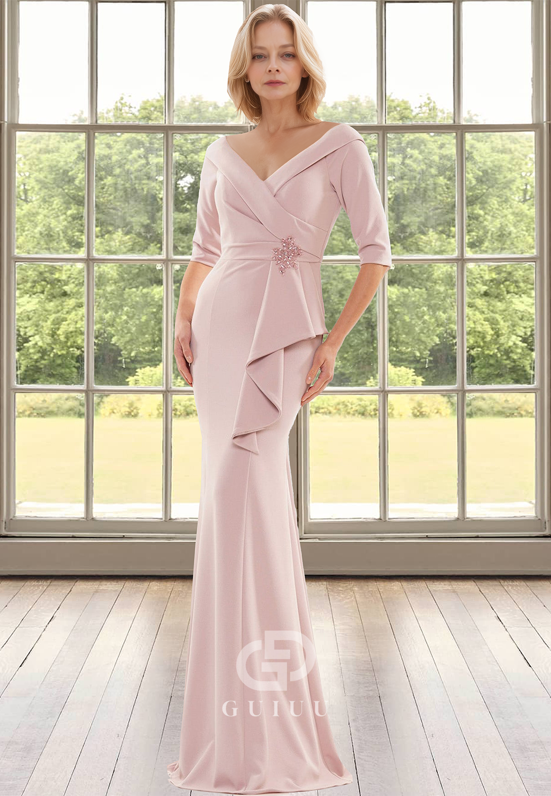 A-Line Half Sleeves V-Neck Ruched Floor-Length Satin Mother of the Bride Dress