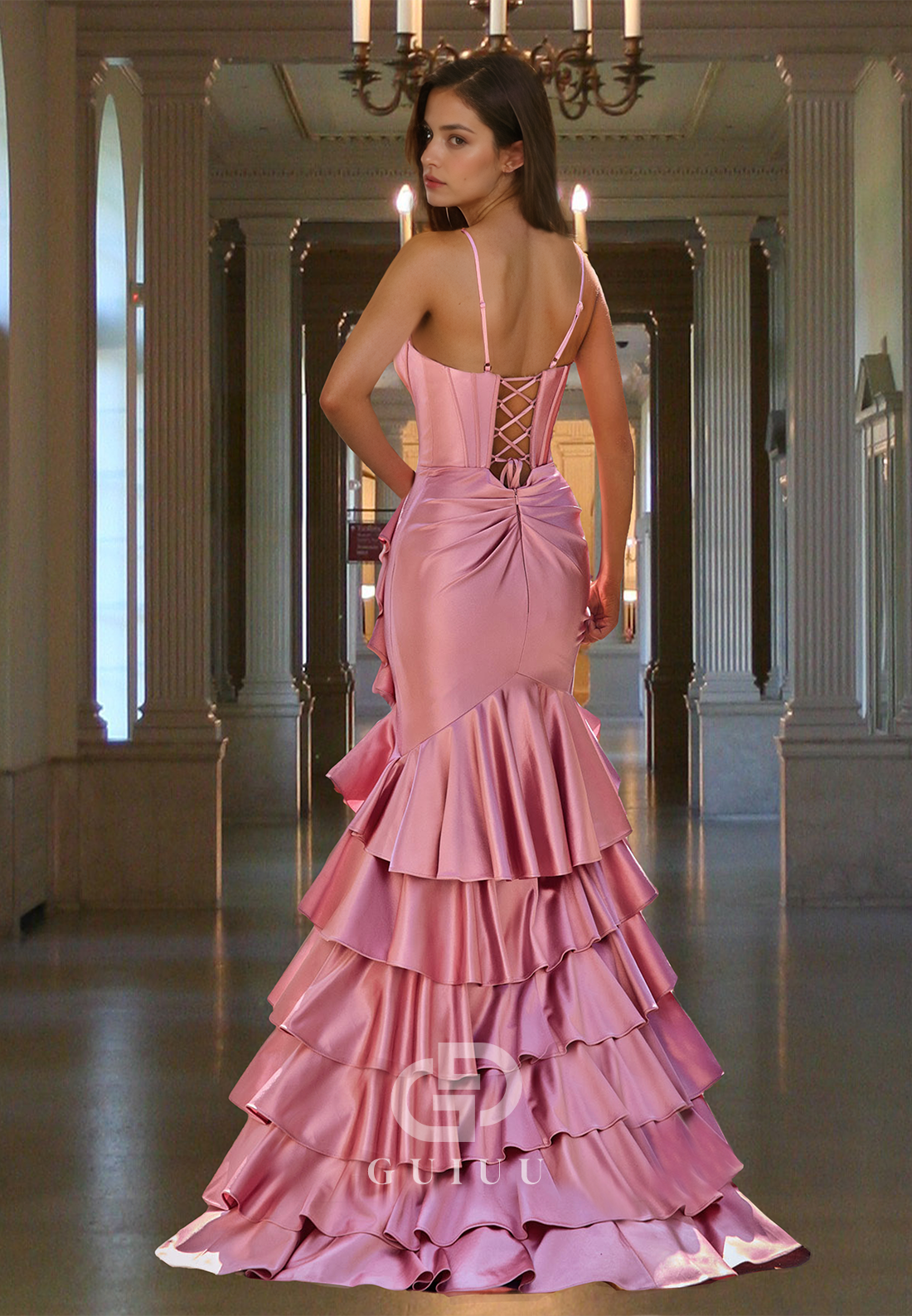 Flamingo Spaghetti Straps V-Neck Prom Dress with Slit Ruffles Evening Party Dress