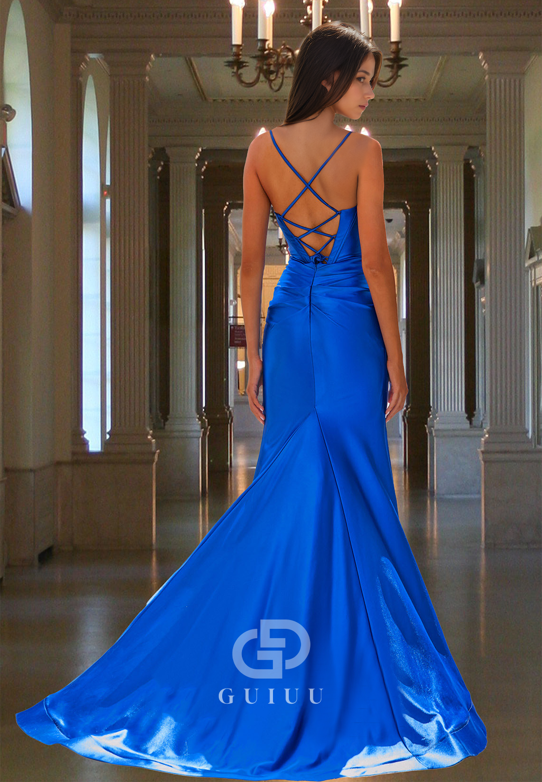 Royal Blue Spaghetti Straps Sweetheart Prom Dress with Slit Ruched Evening Party Dress