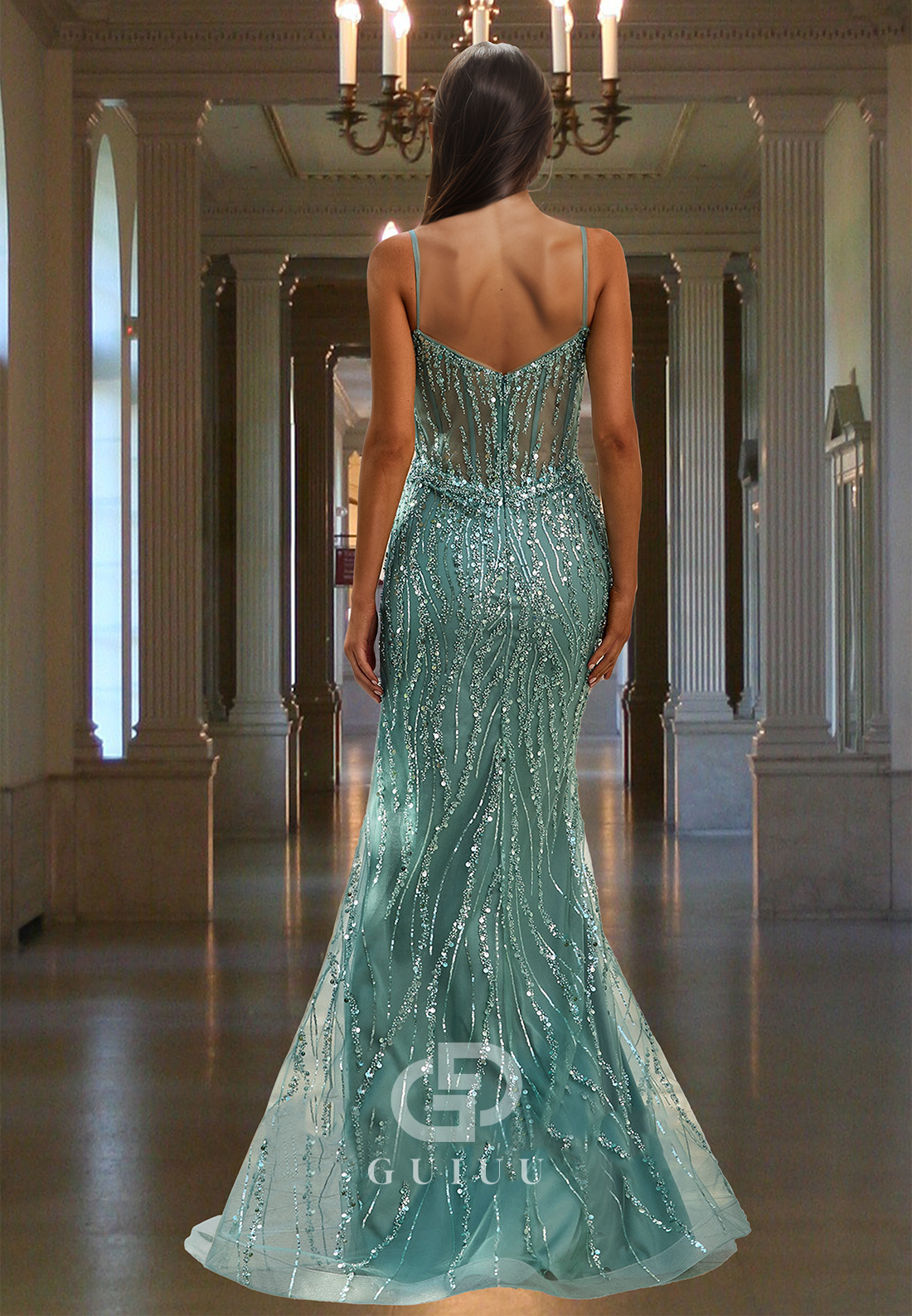 Sparkly Spaghetti Straps Sweetheart Prom Dress with Slit Sequins Evening Party Dress