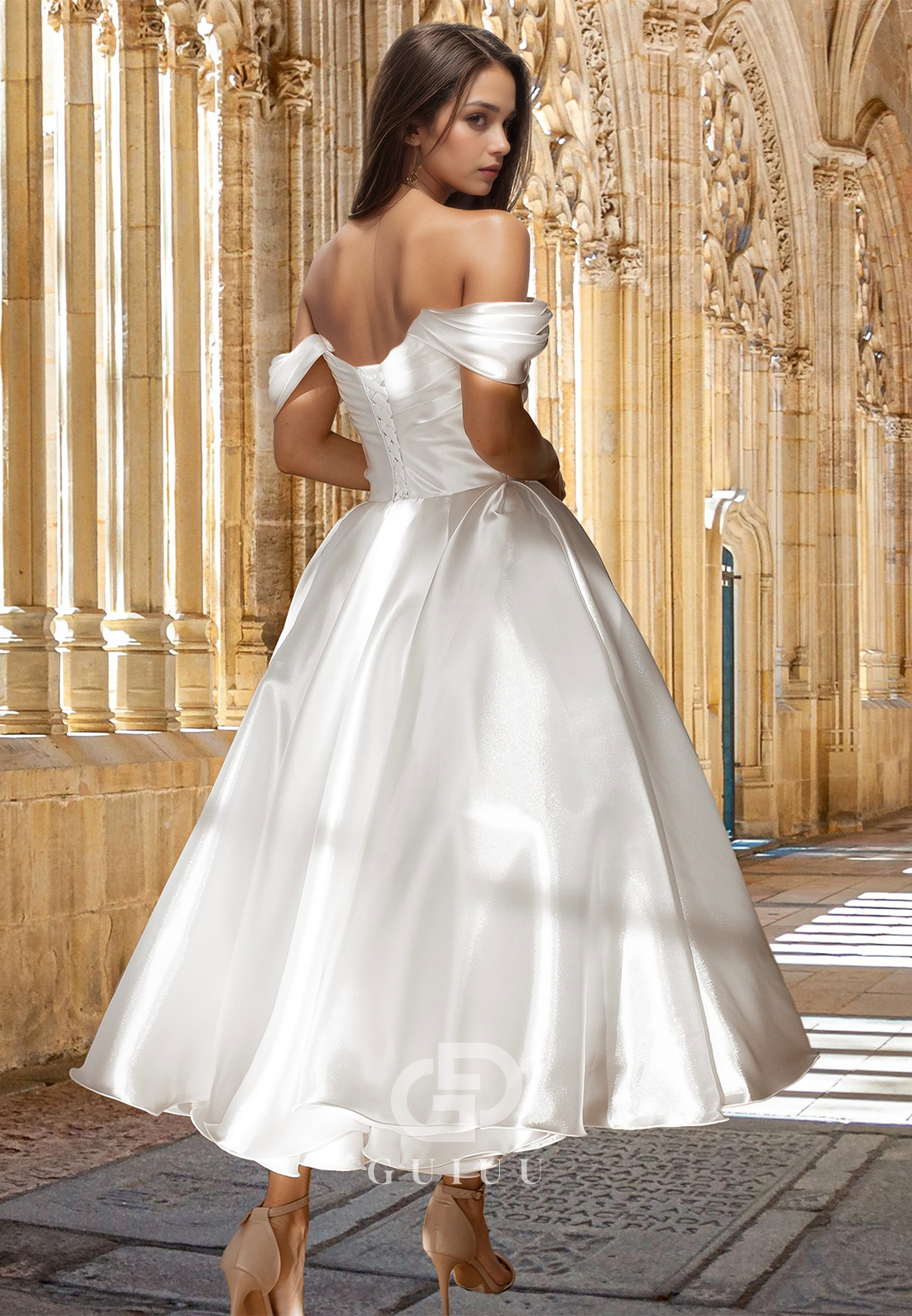 A-Line Off-Shoulder Strapless Pleated Beach Ankle-Length Satin Wedding Dress