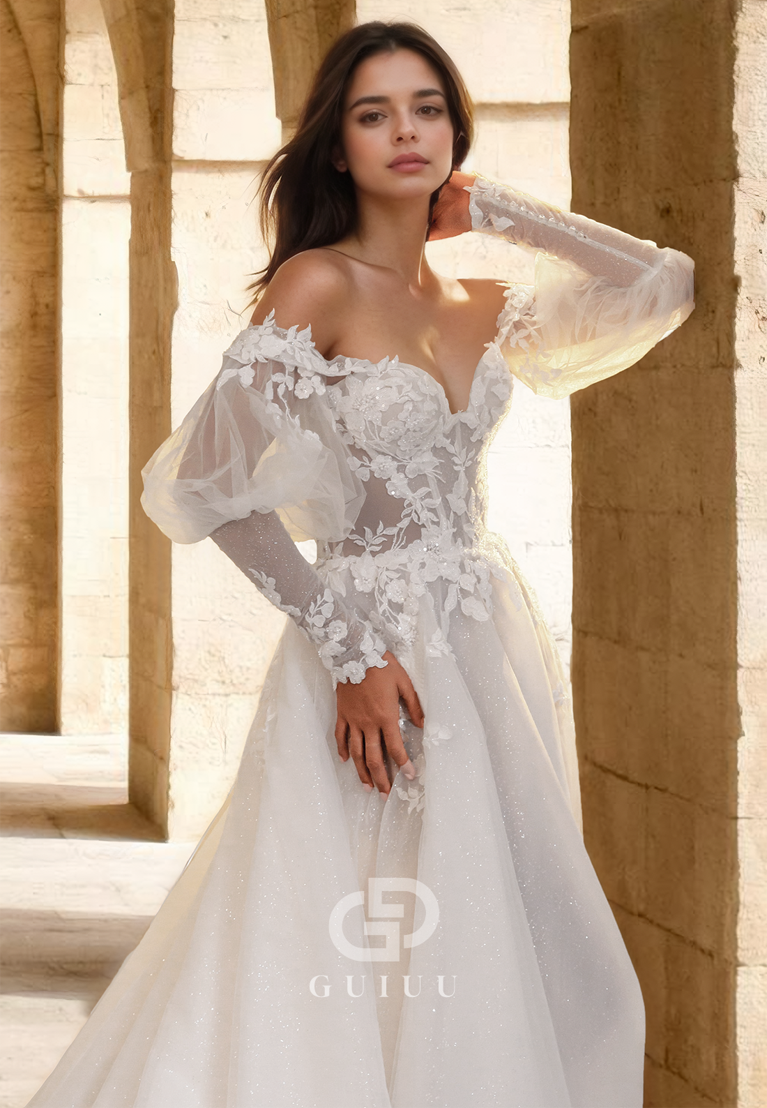 A-Line Off-Shoulder Long Sleeves Floral Appliques Tulle Lace Wedding Dress