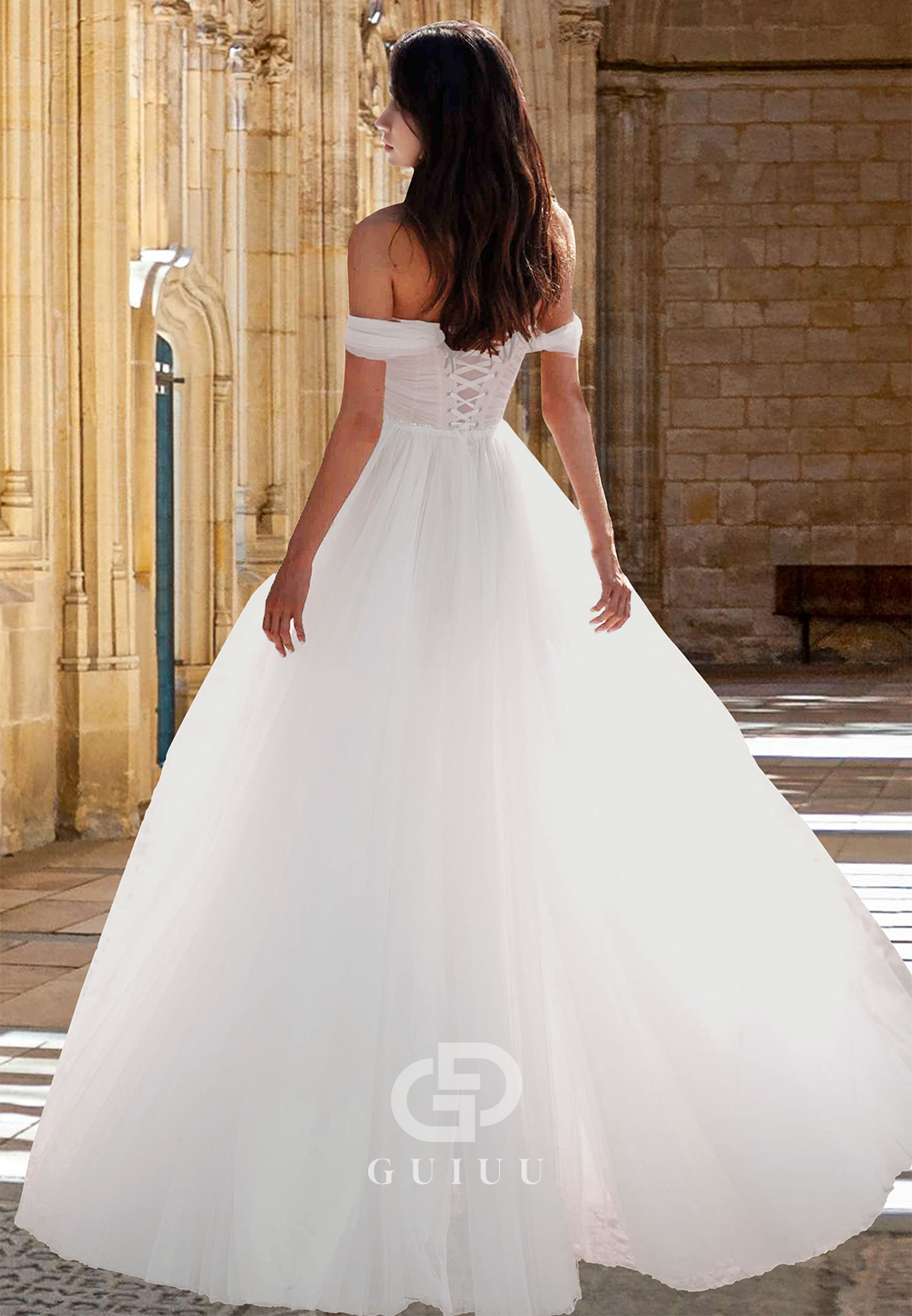 Off-Shoulder Sleeveless Pleated Tulle A-Line Beach Wedding Dress