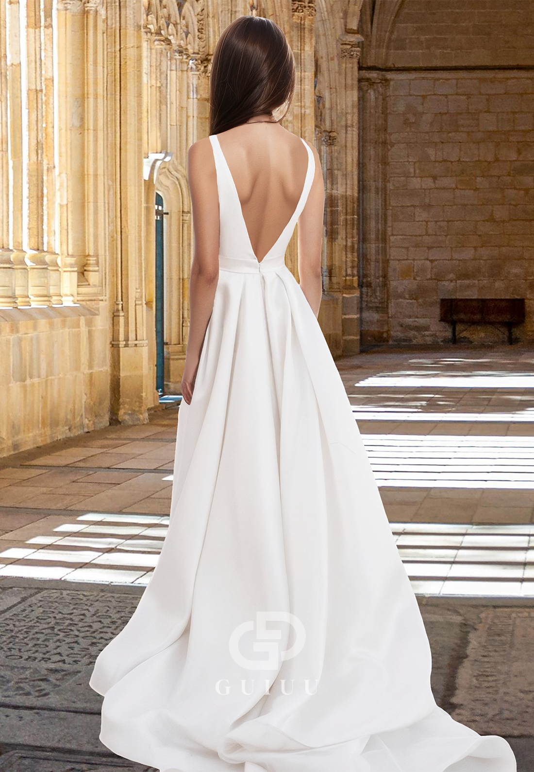 Spaghetti Straps A-Line V-Neck Pleated Side Slit Backless Satin Wedding Dress