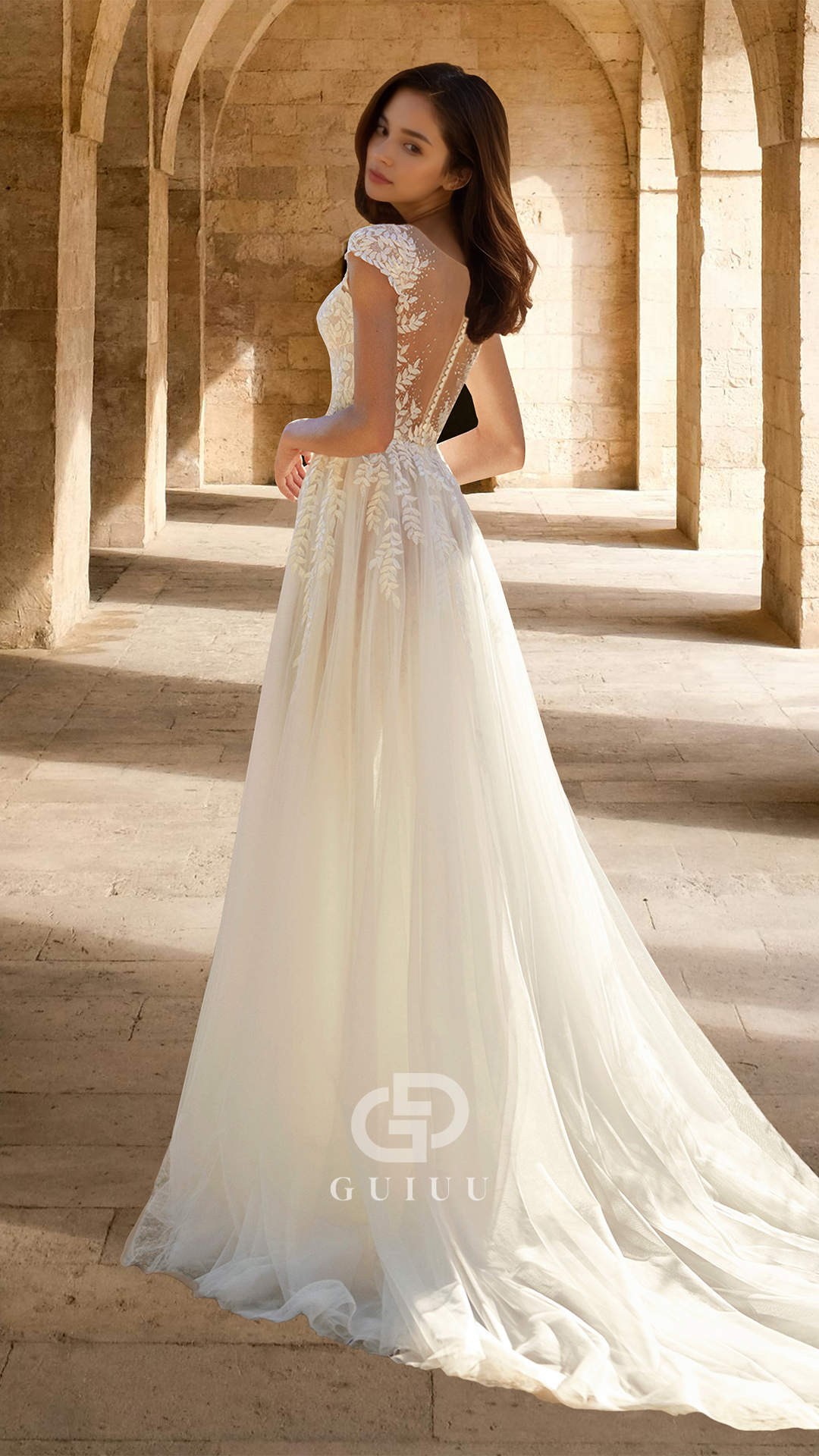 Scoop Sleeves Floral Appliquess Tulle Empire-Waist Lace Wedding Dress