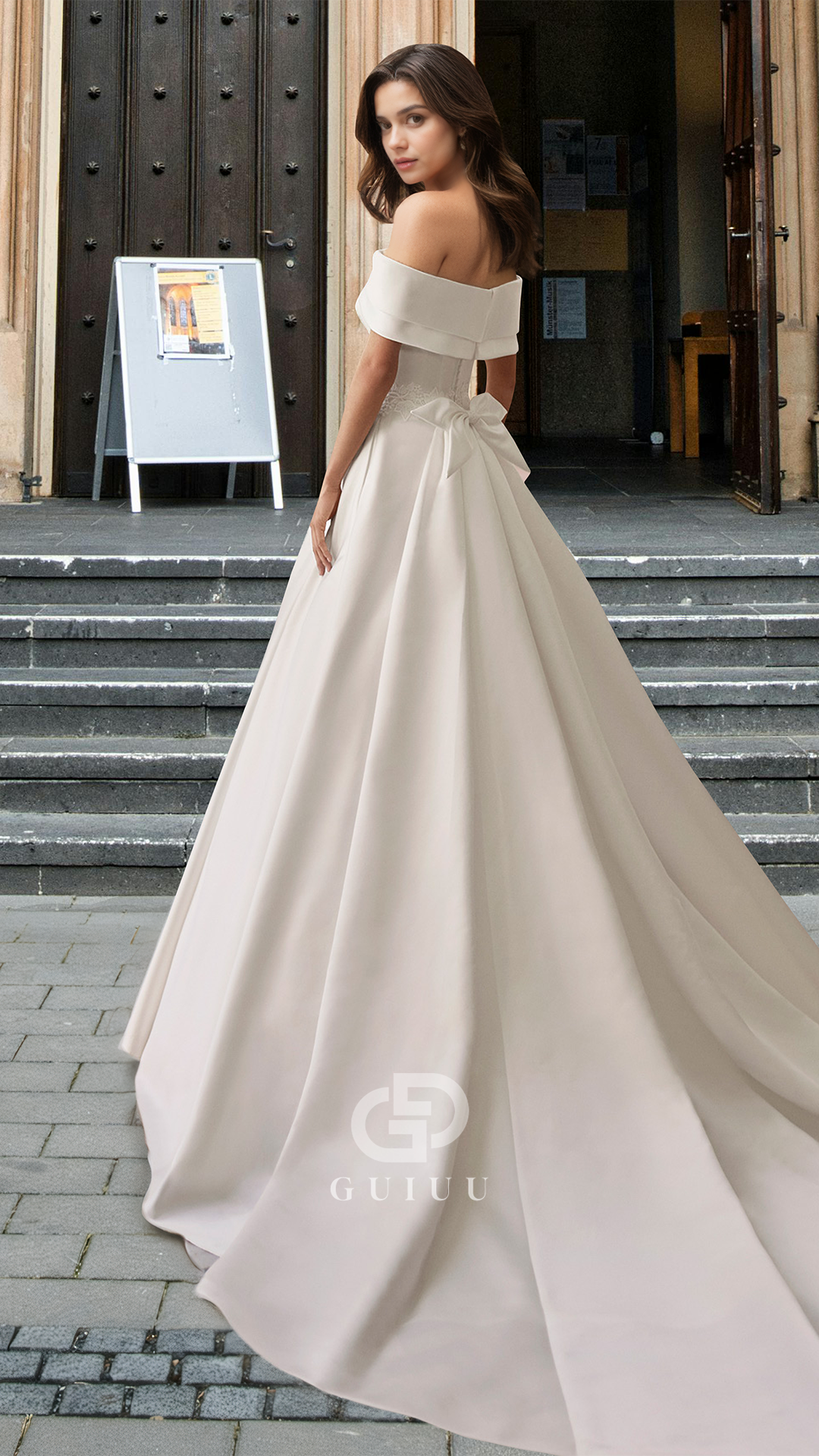 Elegant A-Line Off-Shoulder Sleeveless Bowknot Court Train Satin Wedding Dress
