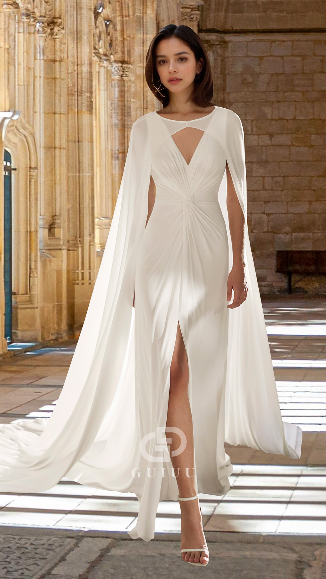 Simple V-Neck Sleeveless Ruched Sheath Slit Beach Wedding Dress
