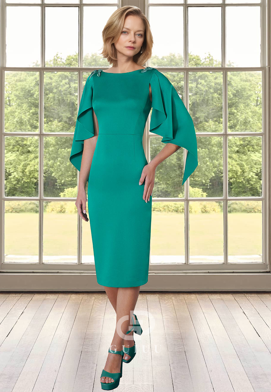 Simple Scoop Cap Sleeves Empire-Waist Satin Mother of the Bride Dress