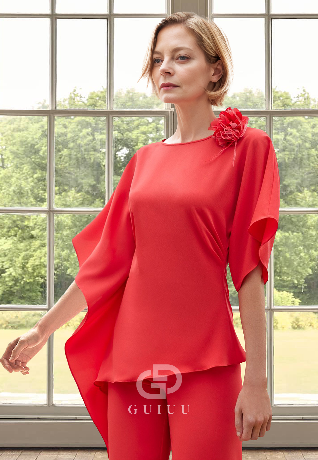 Red Scoop Short Sleeves Jumpsuit Chiffon Mother of the Bride Dress
