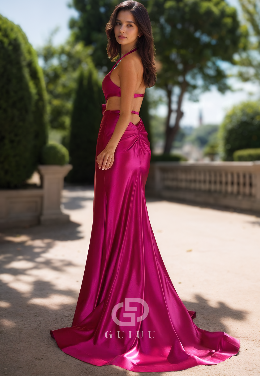 Fuchsia Spaghetti Straps V-Neck Prom Dress with Slit Backless Evening Party Dress