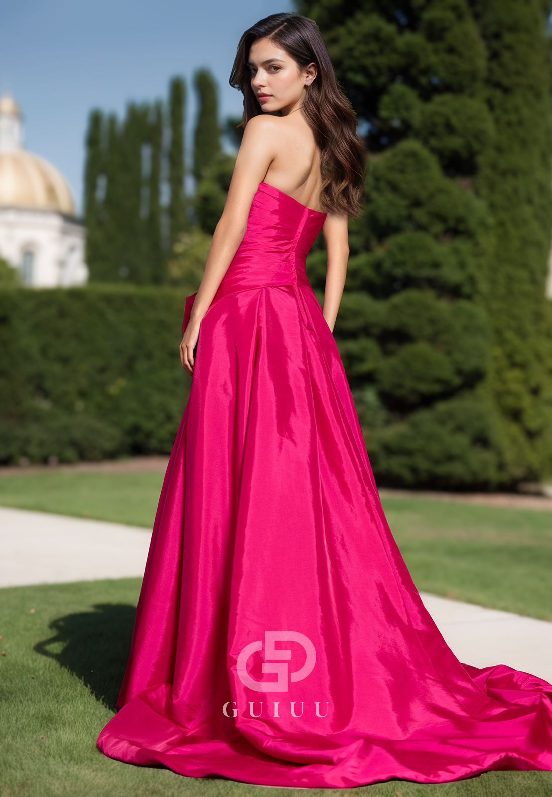 Fuchsia A-Line Empire-Waist Prom Dress with Bowknot Slit Evening Party Dress