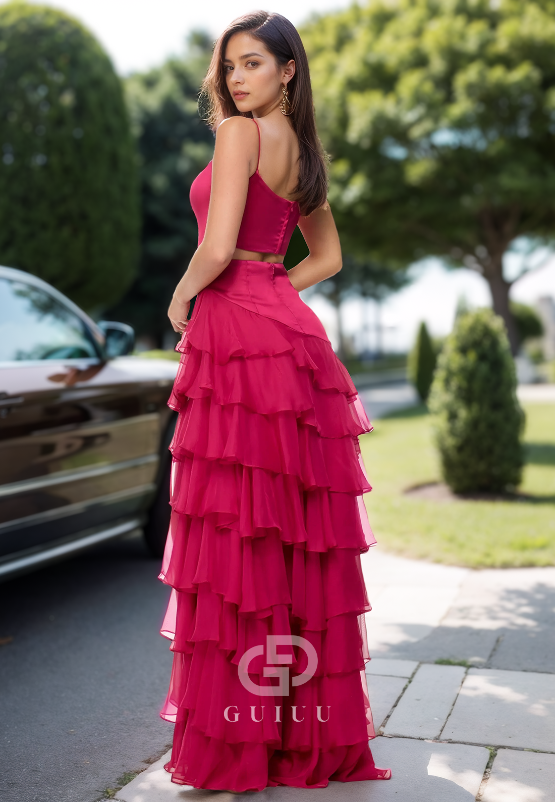 Fuchsia Spaghetti Straps Scoop Prom Dress with Slit Ruffles Evening Party Dress