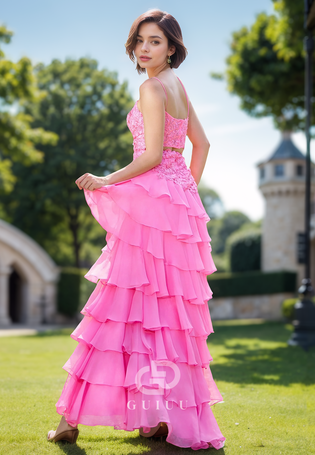 Candy Pink Spaghetti Straps Scoop Prom Dress with Ruffles Corset Evening Party Dress