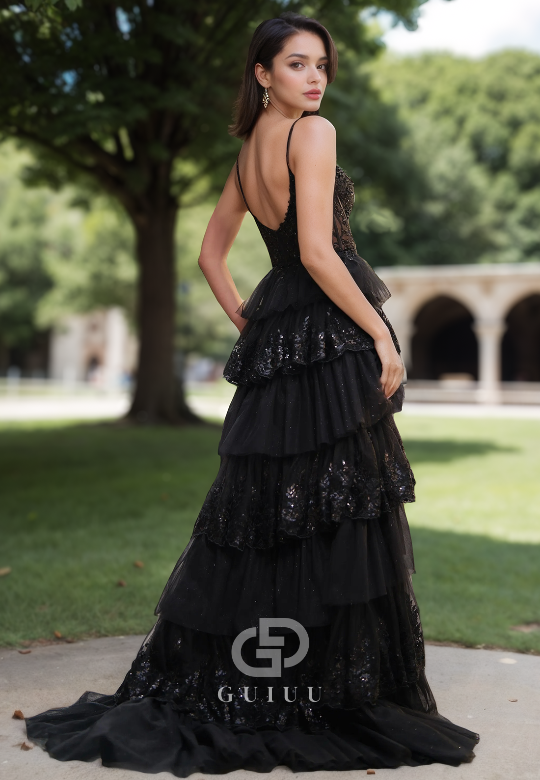 Black A-Line Spaghetti Straps Prom Dress with Ruffles Slit Evening Party Dress