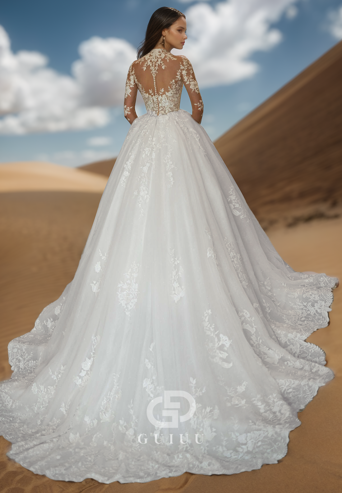 High Neck Long Sleeves Floral Appliques Lace Wedding Dress