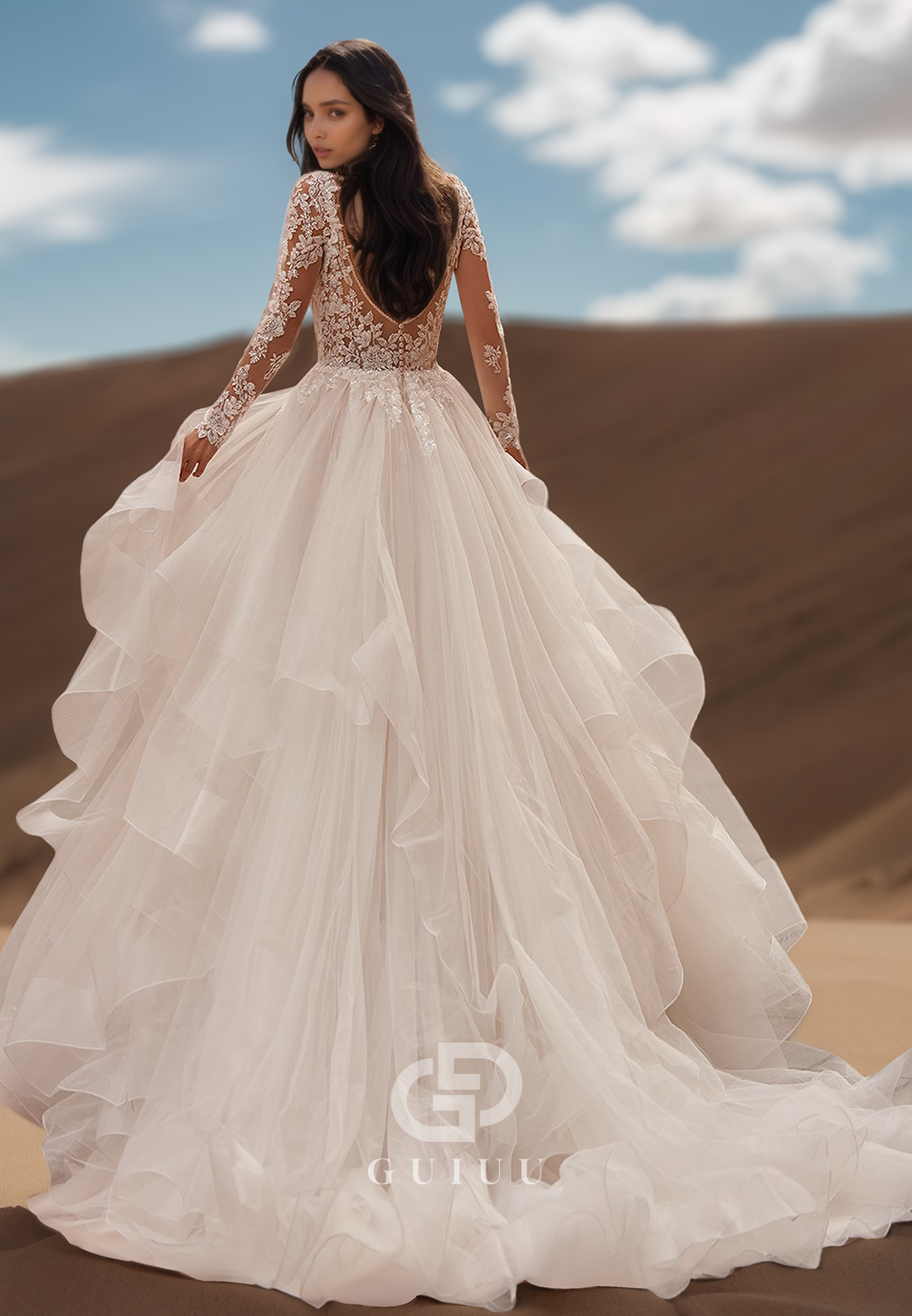 Long Sleeves V-Neck Corset Tulle Empire-Waist Lace Wedding Dress