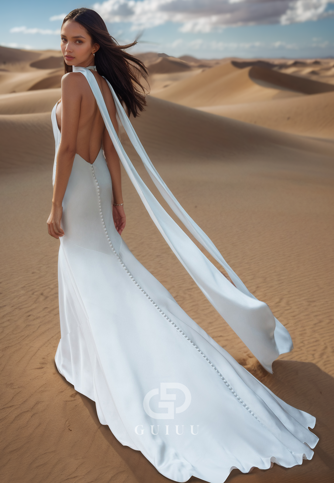 Halter Sleeveless Backless Sweep Train Satin Wedding Dress