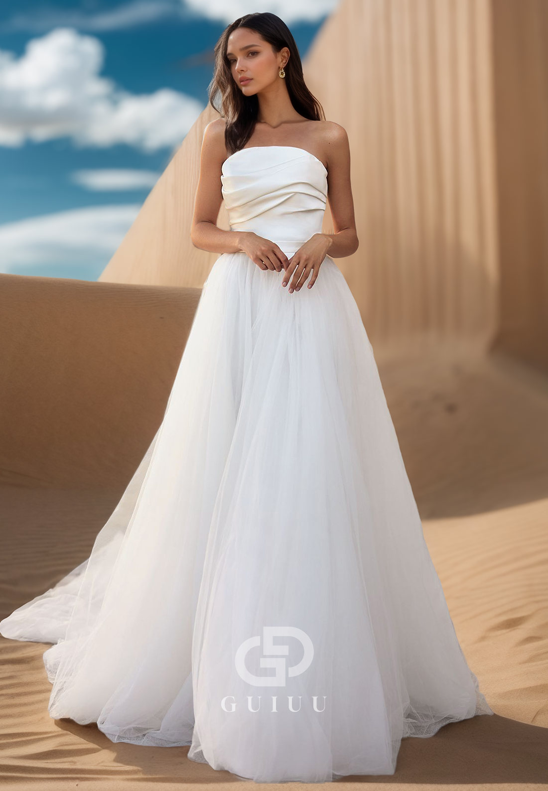 A-Line Sleeveless Strapless Empire-Waist Sweep Train Lace Wedding Dress